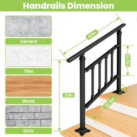 SJPULMO Hand Rails for Outdoor Steps,3 Step Stair Handrail, 40" x 33" Fits 2 to 3 Steps, Outdoor Handrail, Matte Black Stair Railings for Outdoor Steps for Porch Deck, Hand Rails for Seniors