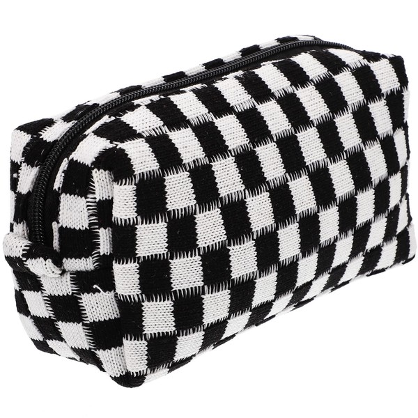 GALPADA Checkered Makeup Bag Wool Yarn Zipper Cosmetic Bag Toiletry Bag for Girls Travel, black, Fashionable