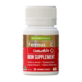 Vitaceuticals Ferrous + C Chewable Iron Supplement 30 Tablets, Vegan & Gluten Free, Safe for Children 4yrs+