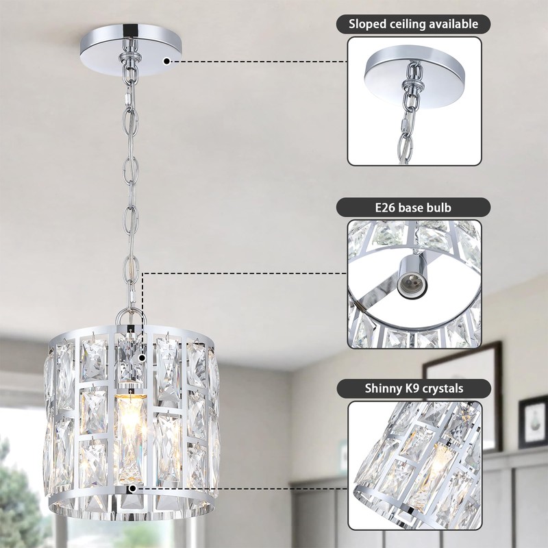 Modern Crystal Pendant Light,Chrome Chandelier Light Fixture, Cylinder Adjustable Height