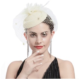 Women Fascinator Hat Flower Feather Mesh Face Veil Hair Clip Pillbox Hats with Pearl Accessories Set and Short Satin Gloves (Beige)