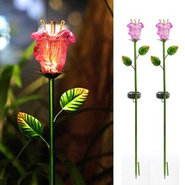 Joyathome Garden Solar Stake Lights Outdoor, 2 Pack Solar Powered Metal Stake with Red Bell Glass Lily LED Decorative Garden Lights for Walkway,Pathway,Lawn, Courtyard