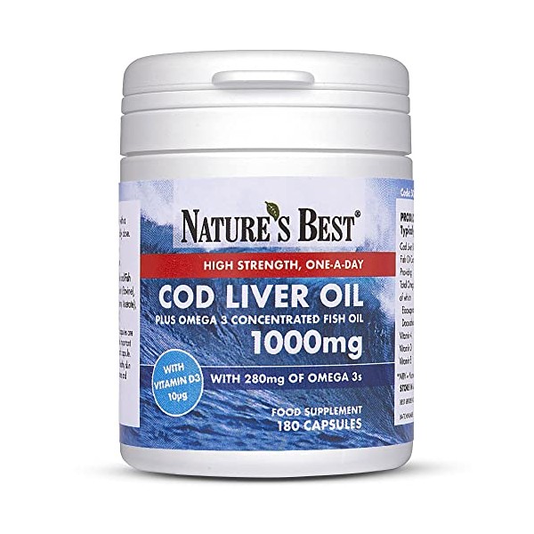 High Strength Cod Liver Oil Capsules 1000mg | 180 Capsules | One-A-Day | 6 month's Supply | Taste Free | Omega 3s with Vitamin D3 10Âµg | UK Made | 5-Stage Purification Process