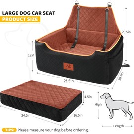 XIEEAOZEE Dog Car Seat for Large/Medium Dog, Booster Seat for Dogs Under 55Lbs or 2 Small, Detachable and Washable Travel Pet Seat with Thick Cushion and Storage Pockets (Black/Brown)
