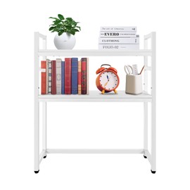TITIDU Computer Desktop Bookcase, 2-Tier Multipurpose Countertop Hutch Display Shelf, Adjustable Wood Rack Organizer,Simple Installation,for Home Dorm Office Supplies (White)