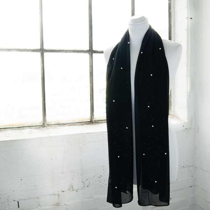 Basic Sense Chiffon Pearl Scarf Luxurious Head Wrap Hijab, Black