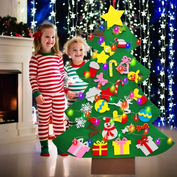 iGeeKid 4 FT LED Felt Christmas Tree for Toddler Kids DIY Christmas Tree Snowman with 30 Ornaments 10ft Multi-Colored String Light Christmas Wall Hanging Decor Xmas New Year Gift for Toddlers