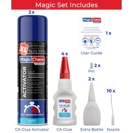 Magic Chems CA Glue with Activator (4 x 3.5 oz + 2 x 16.9 fl oz), Cyanoacrylate Glue and Activator, Super Glue withActivator, CAGlue and Accelerator (2 Pack)