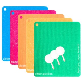 Clean Gorillas Swedish Dishcloths for Kitchen, Reusable Paper Towels, Ultra Absorbent, Eco-Friendly and Machine Washable, 5 Sheets and 3 Adhesive Hooks for Easy Drying, Assorted Colors