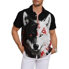 Kiptmug Alpha Wolf Print Button-Down Shirt for Men Animal Pattern Casual Shirt,Wolf,XL