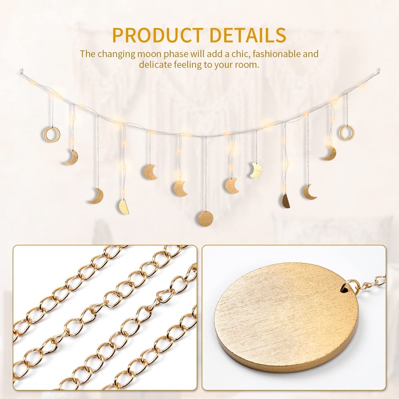 Moon Phase Wall Decor with LED String Light, 13 Gold