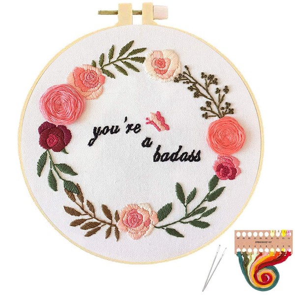 ORANDESIGNE Funny Embroidery Kit for Beginners, Stamped Cross Stitch Kits for Beginners Adults Patterned Needlepoint Embroidery Hoops Cloth Color Thread Floss Flowers Plants Cactus