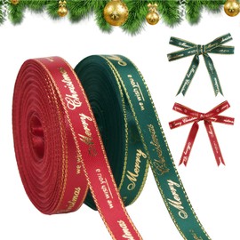 KINGLAKE 10 Yards Merry Christmas Ribbon for Gift Wrapping, 2 Rolls 10mm Red Green Satin Ribbon Gold Trim Christmas Ribbon for Crafting, Xmas Tree, Presents,Flowers, DIY Crafts,Gift Basket