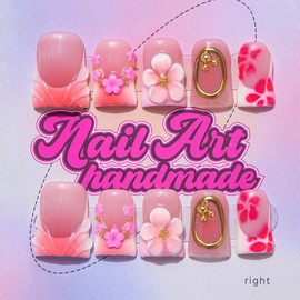 Delicatething Acrylic Nails Set 10 Pieces Y2K Style Duckbill Shaped Long Lasting Handcrafted with Star and 3D Designs, Perfect Gift for Girls:_Middle finger carving smudged flower_M