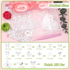 150 Pcs Silver Nail Charms, 15 Styles Planet Star Butterfly Bow Heart Crown Alloy Nail Silver Charms Mix Y2K Nails Jewels Gems for Nails Art Supplies DIY Manicures