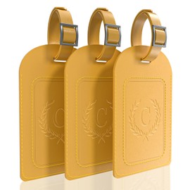 Alphabet Luggage Tags, 3 Pack Yellow Initial Bag Tags with Privacy Cover & Replaceable ID Card, Faux Leather Suitcase Tags for Travel, Flights & Cruises