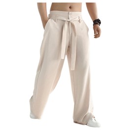 GORGLITTER Men's Casual Wide Leg Trousers Pants Elastic Waist Belted Baggy Streetwear Pants Khaki Large