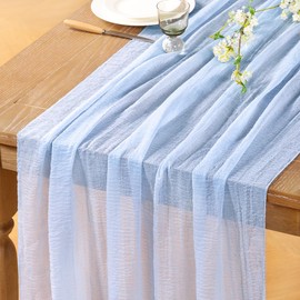 DeZerlor Light Blue Cheesecloth Table Runner Fall Thanksgiving Table Runner 120 inches Boho Gauze Baby Blue Cheese Cloths for Rustic Wedding Bridal Baby Boy Shower Decor Party Fall Table Centerpiece
