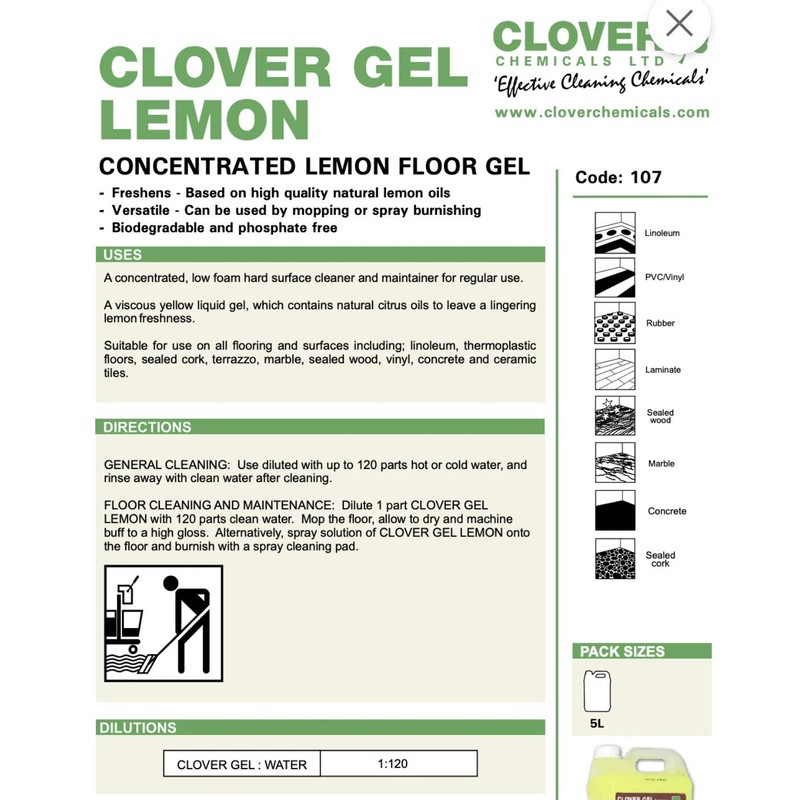 Clover Chemicals 107 Clover Gel Lemon Floor Gel, 5 L