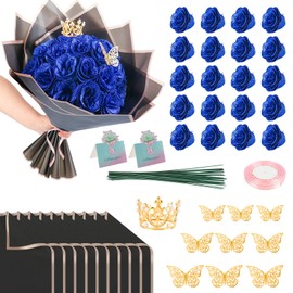 iMXPW Glitter Roses Bouquet, 24 Roses DIY Fake Glitter Flowers Bouquet, Everlasting Shiny Artificial Red Rose Bouquet for Mothers Day Gifts, Anniversary, Engagement, Wedding (Blue)