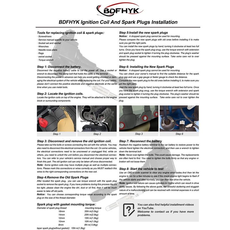 BDFHYK Ignition Coil Pack and Iridium Spark Plugs Compatible with