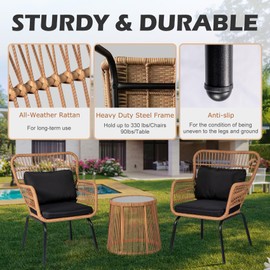 HOMEZILLIONS 3 Piece Outdoor Wicker Furniture Bistro Set, Rattan Chairs Conversation Sets Porch Chair, Wicker Patio Furniture for Balcony Poolside Backyard, Yellow/Black