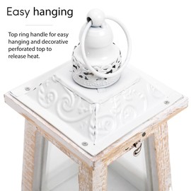 Rustikale Laterne aus Holz mit Glas und Metalloberseite | dekorativ | Shabby Chic / Farmhouse Stil | Dekorativer Kerzenhalter für Innen und Außen | Weiß oder dunkles Holz | Höhe 24,5 cm (weißes Holz)