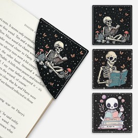 Icycay Skeleton Book Corner Bookmarks, Funny Leather Book Accessories for Book Lovers, 3 Pcs Reading Book Page Markers for Women Men Student Teacher Retirement Birthday Gifts