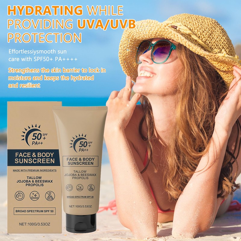 Beef Tallow Sun Cream SPF 50+, Natural Sunscreen & Face