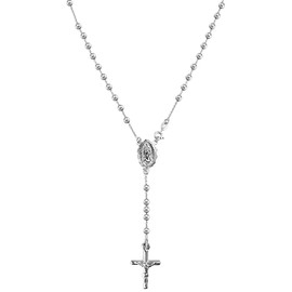 Savlano 925 Sterling Silver Italian Solid Bead Chain Cross & Rosary Virgin Mary Pendant Y Necklace Comes With Gift Box for Women - Made in Italy (20, 4mm)
