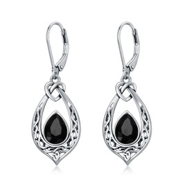 Black Dangle Earrings 925 Sterling Silver Celtic Knot Oxidized Vintage Dangle Drop Leverback Earrings with Jet Black Crystal, Earrings Gifts for Women