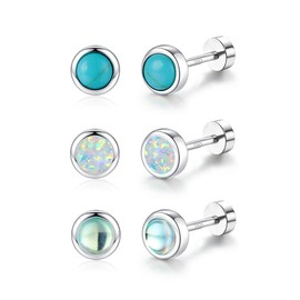 Angol 3Pairs Hypoallergenic Screw Back Stud Earrings for Women 925 Sterling Silver Earrings Opal Turquoise Moonstone Stud Set for Sensitive Ears Gifts for Her (Round Screw Back)