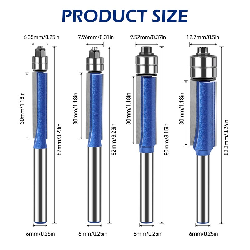4 Pcs 1/4 Inch Shank Flush Trim Router Bit Set,