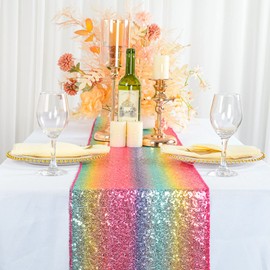 ShinyBeauty Rainbow Table Runner 108 inches Long Sequin Runners Rectangle Round Tables for Wedding Party Home Brithday Decoration