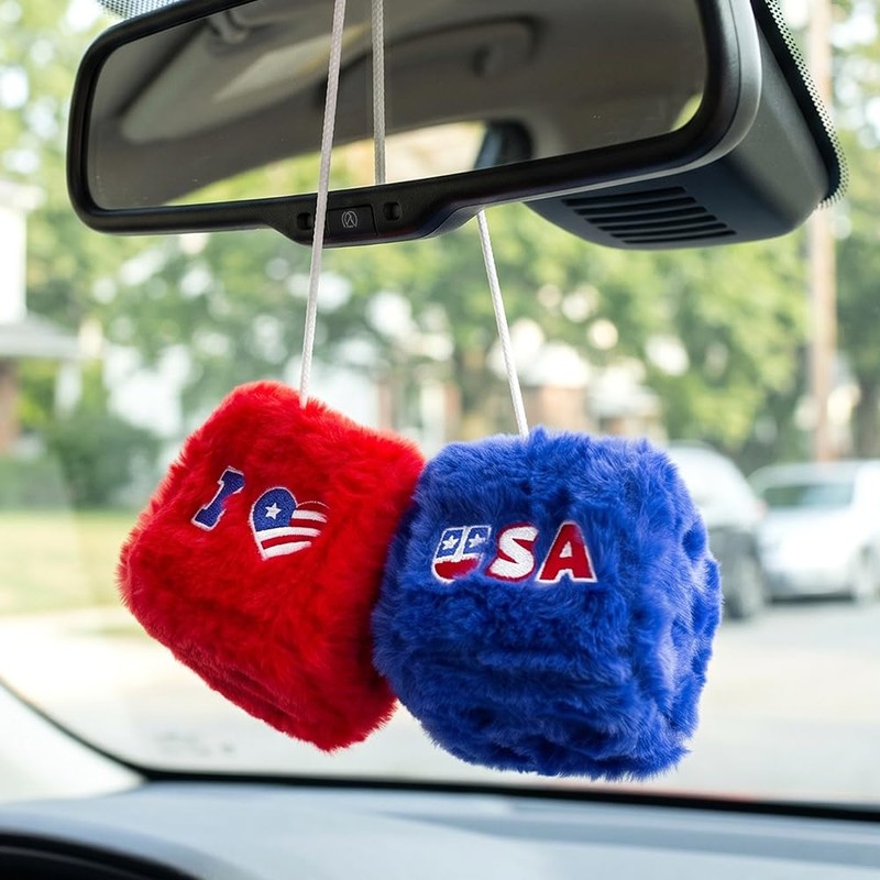 4th of July Fuzzy Dice for Car Mirror, Patriotic Red