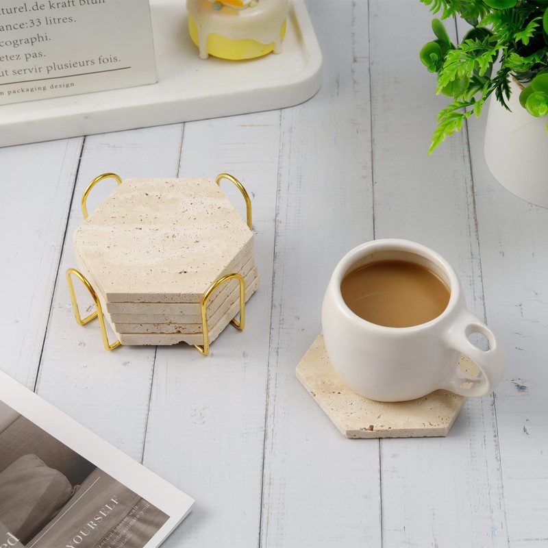 YONGHEE Travertine Coasters Set of 6 with Holder, Hexagonal Rustic