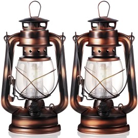 Hortsun 2 Pieces 8 Inch Vintage LED Hurricane Lantern 12 Warm LEDs and Dimmer Switch Battery Operated Farmers Hanging Lantern for Indoor Outdoor Camping Usage Decor