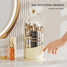 STORICANS Makeup Brush Holder Rotating Organiser with Clear Lid，Sliding Opening Dustproof Makeup Brush Case Makeup Organizer Storage for Dressing Table Organiser,Vanity,Creamy Yellow