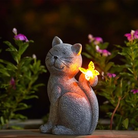 Yeomoo Cat Figures with Solar Butterfly Decoration Living Room Garden Decoration for Outdoors: Funny Cat Gift for Women Mum Birthday Gift Garden Figures Waterproof Room Garden Balcony Decoration Grey