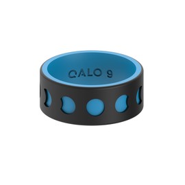 QALO Men's Glow Moon Phases Strata Ring, Wedding Band, Breathable, Durable Engagement Silicone Ring, 9mm wide, 1.85mm thick, Black/Blue, Size 12
