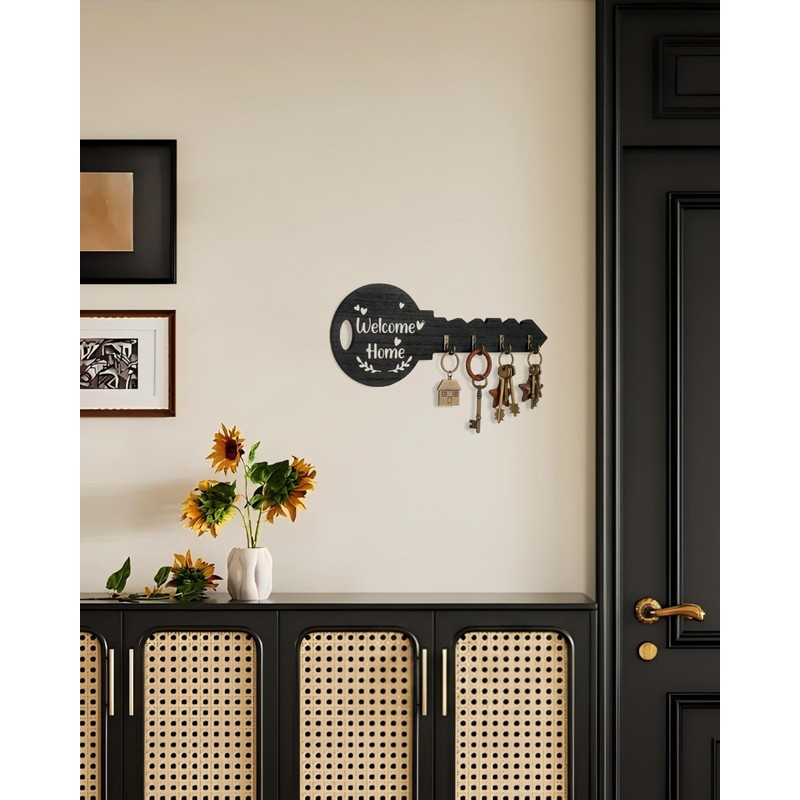 FujDun Wooden Key Holder Wall Mount with 4 Hooks, Black