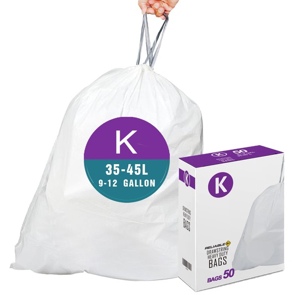 Code K Heavy Duty Trash Bags with Reinforced Drawstring for 9-12 Gallon/35-45 Liter | Reliable1st Compatible with simplehuman Code K (50 Count) | Tear & Leak Resistant Drawstring Garbage Liners