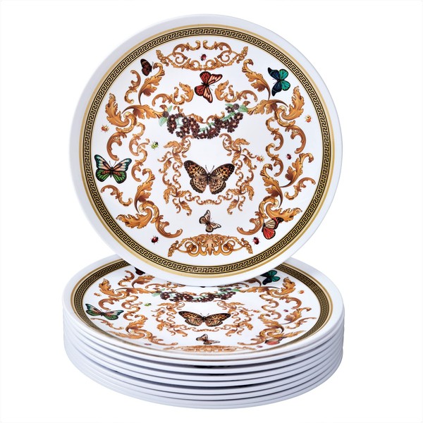 White and Gold Plastic Dinner Plates for Party (10 PC) Heavy Duty Disposable Dinner Set 9", Fine China Look Dishes for Baby Showers, Birthdays, Weddings, Engagements & Events - Versi Collection