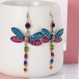 Vintage Retro Dragonfly Crystal Beads Dangle Drop Statement Earrings for Women Mother Lover Girlfriend Gift Exaggerated Rhinestone Animal Earring Friendship Jewelry-A rainbow