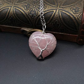 Chereda Healing Crystal Necklace Tree Life Wire Wrapped Crescent Moon Heart Pendant Necklace for Women Natural Resin Reiki Spiritual Quartz Gemstone Jewelry (Heart Pink-Rose Quartz)