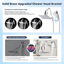 Hibbent All Metal 12'' Filtered Rainfall Shower Head Combo, High Pressure Handheld Shower Wand, 12'' Adjustable Curved Extension Arm, 20 Stage Shower Filter, 71'' Hose, Shower Head Holders, Chrome