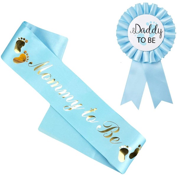 NEWHAPPYLAND Baby Shower Decorations for Boy Blue Sash Mommy to Be and Daddy to Be Tinplate Badge Pin Mommy to be sash for baby shower Baby Shower Button New Dad Baby Shower Party Gender Reveals