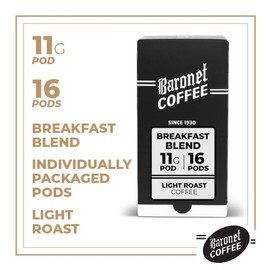 Baronet Coffee Pods [Breakfast Blend -16 Pods] Single Cup Soft 11 Gram Coffee Pods- 1 Box of 16 Single Serve 11 Gram Pods, Light Roast, Kosher, Vegan [Breakfast Blend - 16 Pods]