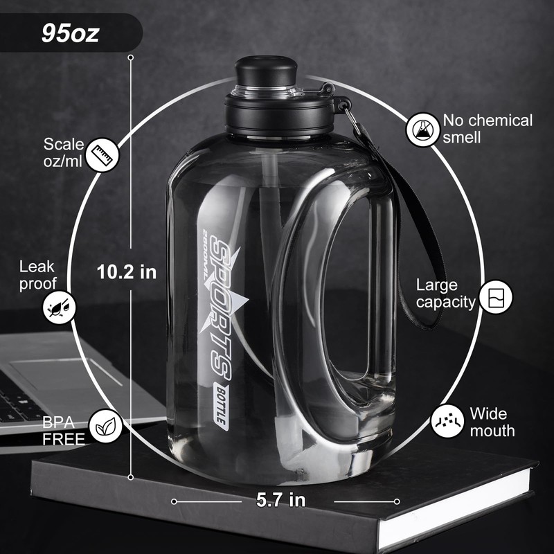 Doseno Large 95 OZ Water Bottle with Straw, Portable Handle,