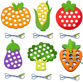 6 Pcs Lacing Toy Toddlers, Vegetable Wooden Threading Toys, Educational and Learning Montessori Activity Baby and Kids, Fine Motor Skill Toys, Pumpkin, Corn, Tomato, Eggplant, Broccoli, Carrot